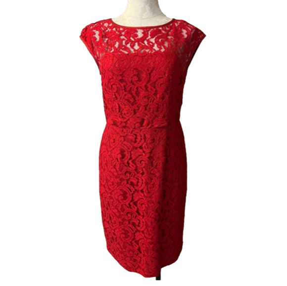 Banana Republic Sheath Dress 8 Red Stretch Lace Career Church Party - Picture 1 of 10